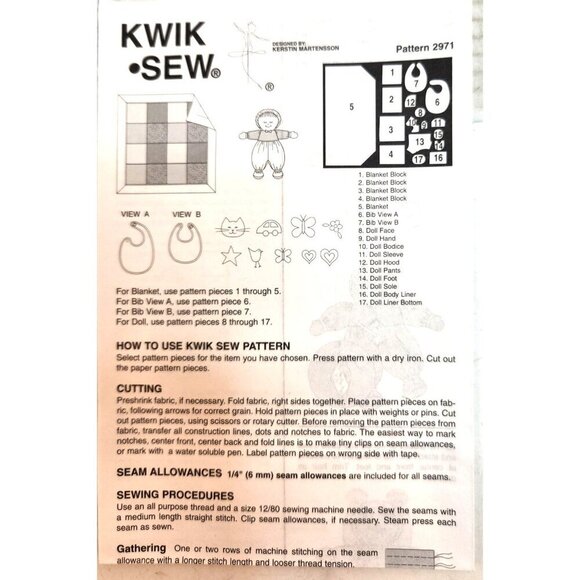 Kwik Sew 2971 Sewing Pattern For Blanket Bibs & Doll Baby Gift DIY Craft Fair It - Picture 4 of 9
